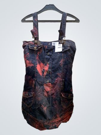 Denim Dungaree Jumpsuit with Red and Black Tie Dye Pattern