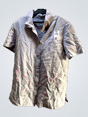Gray Short-Sleeve Button-Down Shirt with Pink Flowers