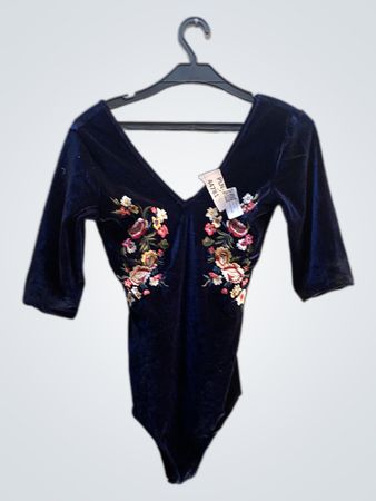 Blue Velvet Bodysuit with Floral Embroidery