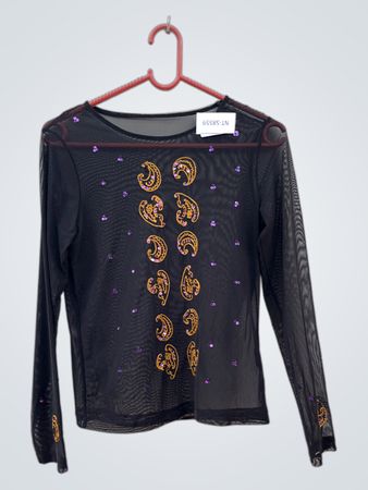 Black Sheer Top with Gold and Purple Embellishments