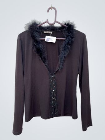 Black Long Sleeve Top with Fur Collar