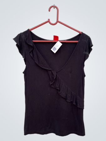 S. Oliver Black Ruffle Shoulder V-Neck Top