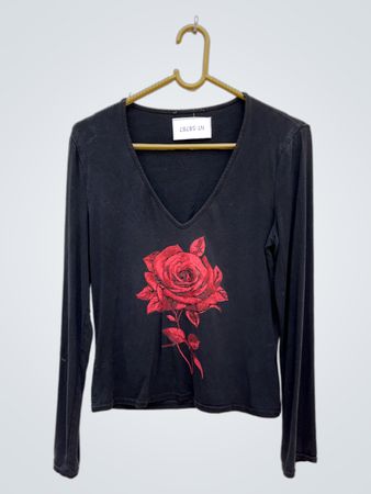 Black Long-Sleeve Top with Red Rose Graphic