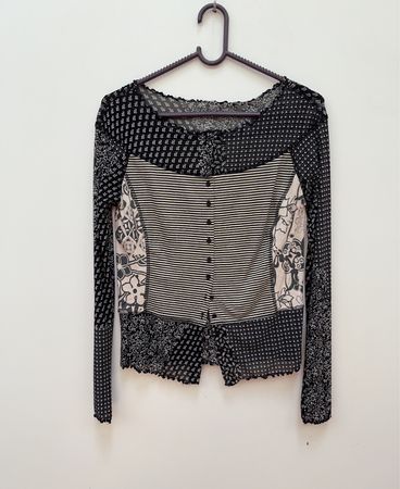 Black and White Striped Top with Lace Details