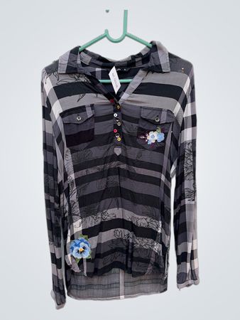 Desigual Long-Sleeve Plaid Shirt with Floral Embroidery