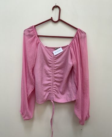 Pimkie Pink Ruched Square Neck Long Sleeve Top
