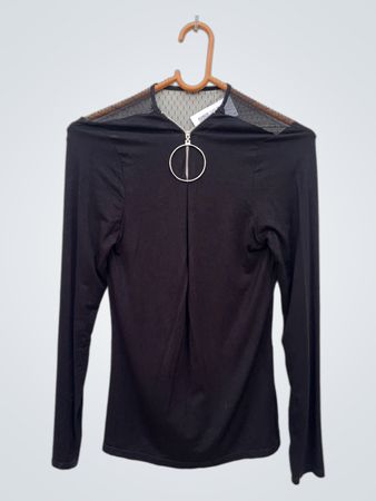 Schwarzes Langarm-Mesh-Oberteil mit Reißverschlussdetail