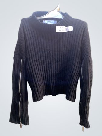 Zara Strick schwarzer Ripp-Pullover mit Reißverschlüssen