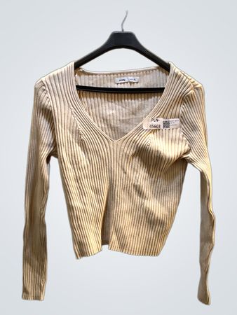 Sinsay Beige gerippter V-Ausschnitt Langarmpullover