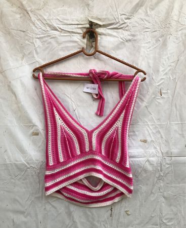 Top de Crochê em Listras Rosa e Brancas