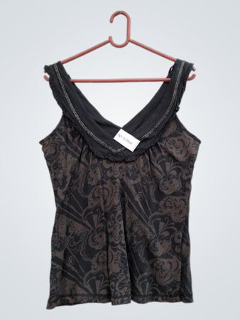 Black and brown printed tank top with ruffles