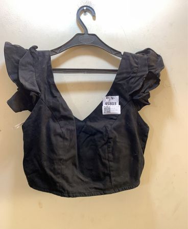 Schwarzes V-Ausschnitt Rüsche Ärmeln Crop Top