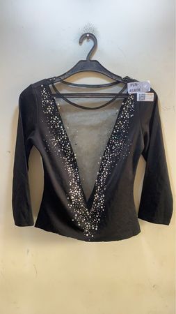 Schwarzes V-Ausschnitt Mesh-verzierte Langarmtop