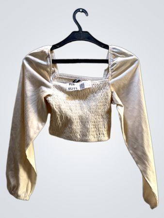 Cream Smocked Square Neck Long Sleeve Crop Top