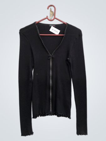 MORETTA Schwarzer Langarm-Zip-Up-Cardigan mit Perlenbesatz