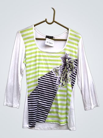 IVANGO Damen Weiß Grün Gestreiftes Floral Druck T-Shirt