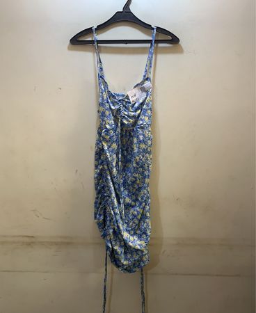 FaithVintage Blau Blumen Gerafftes Minikleid