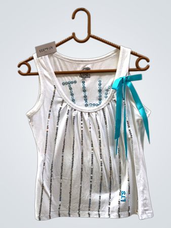 Weißes Tanktop mit Pailletten und "LOLITA Glam" Text