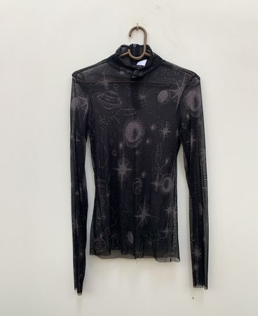 Zara Black Celestial Print Mesh Turtleneck Top