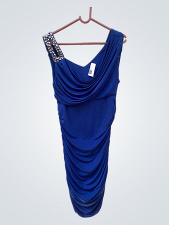 Blaues gerafftes Ein-Schulter-Kleid mit besticktem Träger