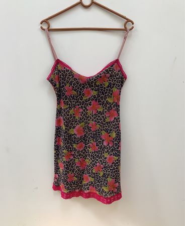 Leopard and floral print slip dress with pink lace trim