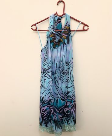 ZARA Blaues Tiermuster-Halterkleid mit Spitzenbesatz