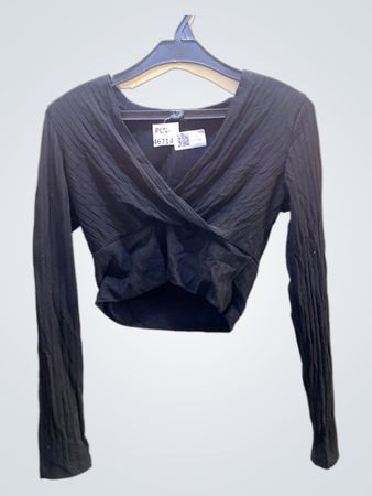 Schwarzes Langarm-Cropped-Wrap-Top