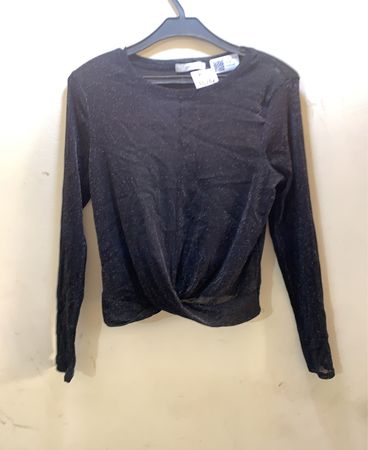 Pigalle Black Sparkly Twist Front Long Sleeve Top