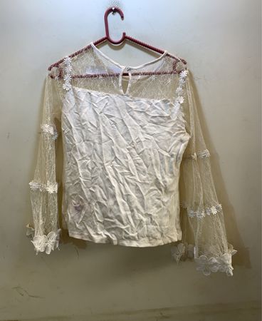 FaithVintage Cream Lace Bell Sleeve Top