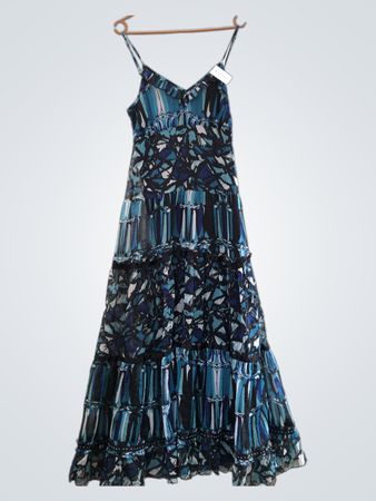 Blau und Schwarz Abstrakter Druck Gestuftes Maxikleid