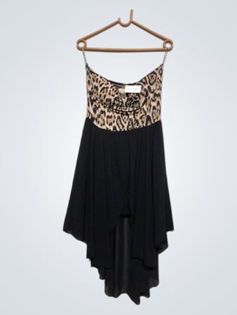 Trägerloses Leopardenmuster-Kleid mit schwarzem Rock