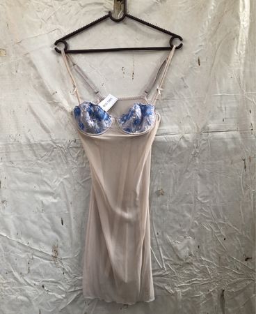 Beige Slip mit blauem, floralem Spitzen-Bra Detail