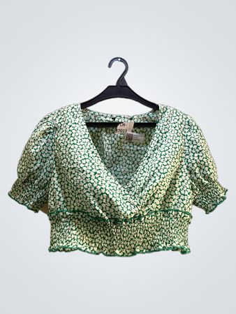 Grüne florale Druck geraffte verkürzte Bluse