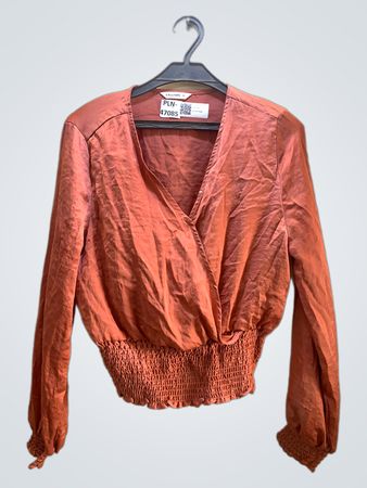 CALLIOPE Orange V-Ausschnitt Geraffte Taille Langarmbluse