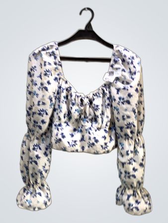FaithVintage Weiß Blau Floral Print Quadrat Ausschnitt Puffärmelt Cropped Top