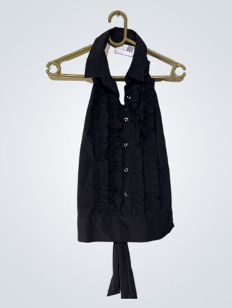 Schwarzes Neckholder-Oberteil mit Rüschen und Bindeband