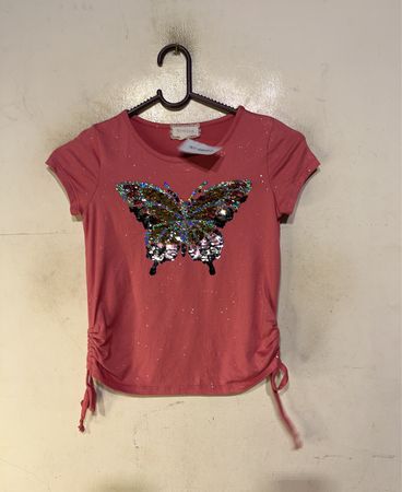 Mädchen Pink Pailletten Schmetterling T-Shirt mit gerafften Seiten