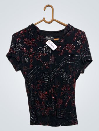 ONYX Nite Damen Schwarz Rot Fan- und Blumenmuster Kurzarmoberteil