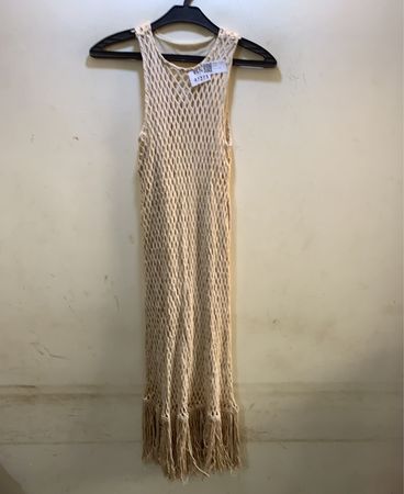 FaithVintage Beige Häkel-Fransenkleid