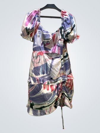 Raffung Puffärmel Kleid mit abstraktem Druck