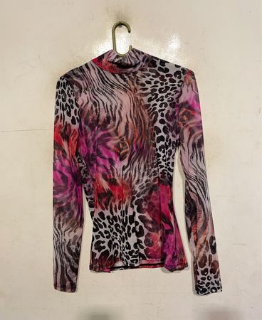 Durchsichtiger Mesh-Mock-Neck-Langarm-Top mit Animal-Print