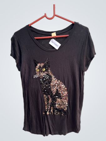 Schwarzes T-Shirt mit Pailletten-Katzen-Grafik