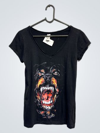 Schwarzes V-Ausschnitt T-Shirt mit Rottweiler Grafik