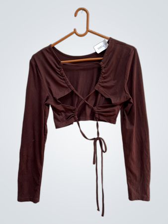 Braunes langärmliges gerafftes Crop-Top mit Bindeband