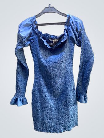 Blaues Puffärmel-Mini-Kleid mit Smocking
