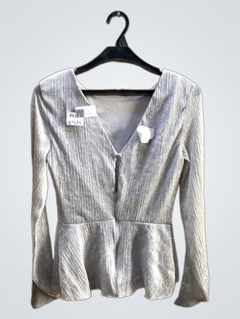 FaithVintage Silber Texturiertes Langärmliges Peplum-Top