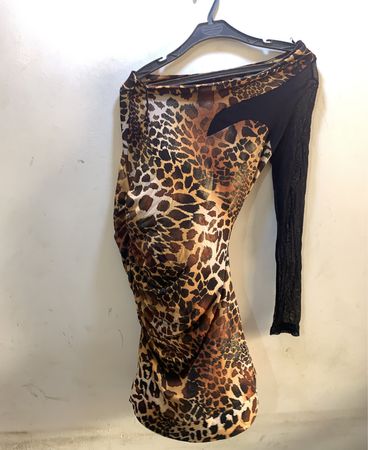 FaithVintage Leopardenmuster Durchsichtiger Ärmelkleid