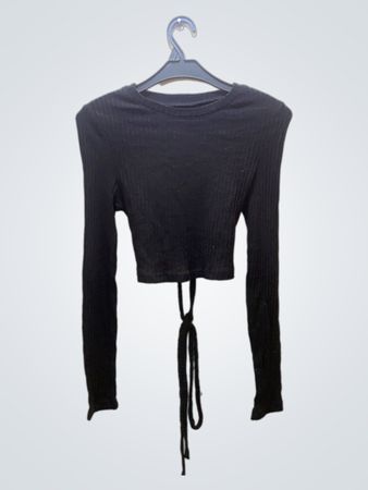 Schwarzes geripptes Schnür-Rücken-Crop-Top