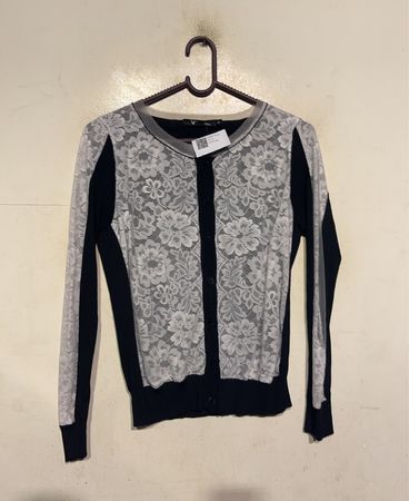 V-Trend Damen Schwarz-Weiße Spitzenstrickjacke