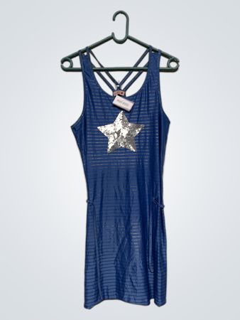 Blaues Kleid mit silbernen Streifen und Stern